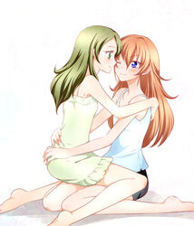  2girls alternate_hairstyle bare_legs bare_shoulders barefoot blue_eyes blush commentary_request couple green_eyes green_hair hair_down houjou_hibiki hug kagami_chihiro minamino_kanade multiple_girls night_clothes one_eye_closed orange_hair precure simple_background sitting sitting_on_lap sitting_on_person smile suite_precure wariza white_background yuri 