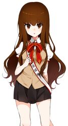  :o black_skirt bow brown_eyes brown_hair commentary_request fate/extra fate/extra_ccc fate_(series) female highres kishinami_hakuno_(female) long_hair looking_at_viewer miniskirt pleated_skirt puffy_short_sleeves puffy_sleeves red_bow school_uniform short_sleeves skirt solo takae_(poupee_en_biscuit) very_long_hair vest white_background 