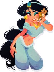  ;) aladdin_(disney) arabian_clothes bare_shoulders black_hair blue_shirt breasts cheek-to-cheek crossover dark-skinned_female dark_skin earrings female gem hair_ornament heads_together jasmine_(disney) jewelry kneeling kuitsuku long_hair medium_breasts midriff multi-tied_hair navel necklace off-shoulder_shirt off_shoulder one_eye_closed pidgey pokemon pokemon_(creature) red_lips shirt smile tan transparent_background very_long_hair 