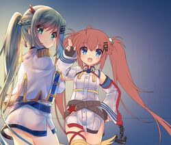  2girls ahoge aiguillette an_shan_(azur_lane) anchor annoyed ass azur_lane belt blush braid breasts brown_hair buttons capelet chains closed_mouth cowboy_shot crossed_arms detached_sleeves dress epaulettes fingerless_gloves french_braid from_side frown fu_shun_(azur_lane) gloves green_hair hair_between_eyes hair_ornament hair_ribbon hairclip hand_on_own_hip hand_up happy high_ponytail long_hair long_sleeves looking_at_viewer looking_back looking_to_the_side loose_belt military military_uniform multiple_belts multiple_girls open_mouth ponytail ribbon salute shenbei_xiaoqiu short_dress side_slit sidelocks simple_background small_breasts smile standing star_(symbol) thigh_strap thighhighs turtleneck twintails unfinished uniform v-shaped_eyebrows very_long_hair wide_sleeves wings 