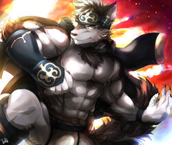  5_fingers abs anthro armor armpit_hair bandage biceps big_muscles black_body black_fur black_nose body_hair canid canine canis chest_tuft claws clothed clothing coat_cape fingers fluffy fluffy_tail fur grey_body grey_fur hand_wraps hi_res horkeu_kamui_(tas) kemono lifewonders looking_aside male mammal muscular muscular_anthro muscular_male nipples pecs smile solo tach8 tail tokyo_afterschool_summoners topless tuft wolf wraps yellow_eyes 