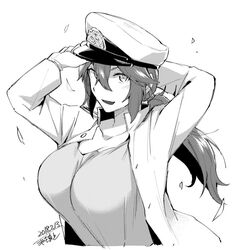  adjusting_clothes adjusting_headwear artist_name bad_id bad_twitter_id breasts commentary_request dated female female_admiral_(kancolle) gloves greyscale hair_between_eyes hair_tie hat ikeshita_moyuko jacket kantai_collection large_breasts long_hair looking_at_viewer monochrome open_mouth peaked_cap ponytail shiomi_kaoru sidelocks smile solo 