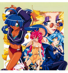  1990s_(style) 4girls ahoge barefoot blonde_hair blue_bra blue_eyes blue_hair bra breasts buruma cacao_(lamune) cleavage crossed_arms drum_(lamune) eating green_eyes green_hair hair_over_one_eye highres lipstick long_hair long_sleeves looking_at_viewer makeup mascara medium_breasts midriff multiple_girls navel ng_knight_lamune_&amp;_40 official_art open_mouth parfait_(lamune) pheromone_lip photoshop_(medium) pillow pink_hair pleated_skirt purple_eyes red_lips retro_artstyle rimless_eyewear round_eyewear school_uniform shiny_skin short_hair skirt sleepwear small_breasts smile strap_slip underwear unworn_earring vs_knight_lamune_&amp;_40_fire wince yellow_eyes 