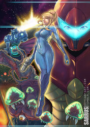  3girls alien armor artist_name assault_visor blonde_hair blue_bodysuit blue_eyes blue_visor bodysuit brain breasts closed_eyes closed_mouth commentary covered_navel dragon dual_persona english_commentary floating_hair full_body gun hair_tie handgun helmet highres holding holding_gun holding_weapon kraid legs_together long_hair looking_at_viewer medium_breasts metroid metroid_(creature) mike_williams monster mother_brain multiple_girls one-eyed paralyzer ponytail power_armor power_suit_(metroid) red_eyes reptile ridley ruins_test samus_aran sharp_teeth shiny_clothes skin_tight sky space spikes star_(sky) starry_sky tank_(container) teeth third_eye tongue tongue_out varia_suit watermark weapon web_address wings yellow_eyes zero_suit 