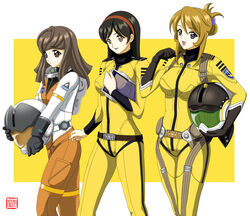  3girls ahoge black_eyes black_hair blonde_hair bodysuit brown_eyes brown_hair commentary_request geitassha helmet long_hair military military_uniform misaki_yuria mori_yuki multiple_girls photoshop_(medium) pilot_suit saijou_miki science_fiction spacesuit uchuu_senkan_yamato uchuu_senkan_yamato_2199 uniform yellow_bodysuit 