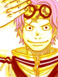  1boy glasses glasses_on_head kobi male_focus marine one_piece pink_hair salute scar 