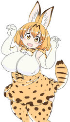  :d animal_ears blonde_hair blush blush_stickers bow bowtie breasts commentary_request corset covered_nipples dress elbow_gloves extra_ears fat fat_rolls female gloves head_tilt kemono_friends large_breasts looking_at_viewer multicolored_hair open_mouth orange_bow orange_bowtie paw_pose plump print_bow print_bowtie serval_(kemono_friends) short_hair sideboob smile solo spots spotted_skirt streaked_hair striped tail thick_thighs thighhighs thighs two-tone_bowtie una_(13988ss) white_bow white_bowtie yellow_eyes zettai_ryouiki 