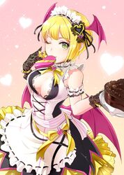  black_gloves blonde_hair blush box breasts cake chocolate_cake cleavage commentary_request demon_wings female food gift gift_box gloves green_eyes head_wings heart-shaped_box idolmaster idolmaster_cinderella_girls looking_at_viewer maid_headdress medium_breasts miyamoto_frederica null_(chronix) one_eye_closed short_hair smile solo wings 