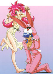  1990s_(style) 2girls animal_costume barefoot blue_hair breasts cacao_(lamune) cleavage dark-skinned_female dark_skin earrings grabbing_another&#039;s_ear green_eyes hair_over_one_eye hand_on_another&#039;s_ear highres hood hood_up jewelry kneeling large_breasts leg_up long_hair looking_at_viewer multiple_girls no_panties official_art parfait_(lamune) partially_unzipped photoshop_(medium) pink_hair purple_eyes rabbit_costume retro_artstyle shiny_skin smile standing vs_knight_lamune_&amp;_40_fire wristband 