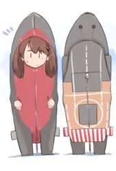  brown_hair commentary_request cosplay enjaku_izuku female flight_deck frown highres kantai_collection kigurumi medium_hair ryuujou_(aircraft_carrier) ryuujou_(kancolle) sweat twintails zipper zipper_pull_tab |_| 