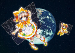  2girls basket blue_eyes bow bowtie brown_hair capelet commentary dei_shirou hat hayabusa_(spacecraft) hayabusa_2_(spacecraft) highres mecha_musume multiple_girls open_mouth orange_skirt original personification shoes short_hair short_twintails shorts siblings sisters skirt smile socks space spacecraft twintails waving white_legwear wristband 