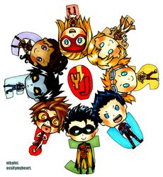  4boys 4girls arrowette bart_allen black_hair blonde_hair blue_eyes bodysuit boots cape cassandra_sandsmark chibi dark_skin dc_comics domino_mask empress_(dc) goggles goggles_on_head greta_hayes impulse lobo mask multiple_boys multiple_girls open_mouth pale_skin purple_eyes red_tornado robin_(dc) s_shield secret_(dc) superboy tim_drake wonder_girl yellow_eyes young_justice 