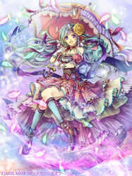  aqua_hair bare_shoulders boots commentary_request company_name dress female flower gloves hair_flower hair_ornament high_heels hosi_cobalt jewelry long_hair necklace official_art open_mouth parasol purple_eyes solo tenkuu_no_legion umbrella very_long_hair 