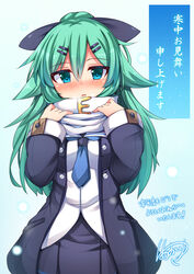  aqua_eyes blue_neckwear blush coat commentary female green_hair hair_ornament hair_ribbon hairclip highres kanchuumimai kantai_collection long_hair looking_at_viewer parted_lips pleated_skirt ribbon scarf school_uniform serafuku signature skirt snow_(gi66gotyo) solo thighhighs translated winter_clothes winter_coat yamakaze_(kancolle) zettai_ryouiki 