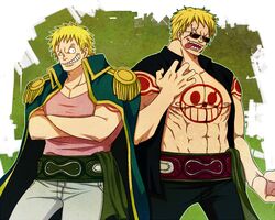  1boy age_difference bellamy blonde_hair crossed_arms dressrosa dual_persona jacket_on_shoulders jaya kouya_(libera) male male_focus multiple_persona one_piece open_clothes open_shirt pink_shirt scar shirt sunglasses tattoo tongue 