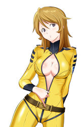  blonde_hair bodysuit breasts female large_breasts long_hair mori_yuki nicoa7 no_bra purple_eyes shiny shiny_clothes skin_tight solo uchuu_senkan_yamato uchuu_senkan_yamato_2199 uniform unzipped zipper 