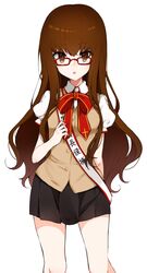  :o black_skirt bow brown_eyes brown_hair commentary_request fate/extra fate/extra_ccc fate_(series) female glasses highres kishinami_hakuno_(female) long_hair looking_at_viewer miniskirt pleated_skirt puffy_short_sleeves puffy_sleeves red-framed_eyewear red_bow school_uniform short_sleeves skirt solo takae_(poupee_en_biscuit) very_long_hair vest white_background 