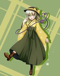  boots commentary_request cross-laced_footwear female green_eyes green_hair green_hakama hakama hakama_skirt hat highres itocoh japanese_clothes kimono komeiji_koishi lace-up_boots meiji_schoolgirl_uniform skirt touhou yellow_kimono 