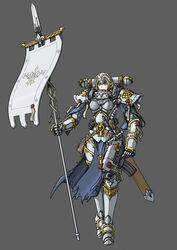  adepta_sororitas armor blonde_hair blue_eyes bolt_pistol book commentary_request explosive fate/grand_order fate_(series) female flag grenade highres jeanne_d&#039;arc_(fate) jeanne_d&#039;arc_(ruler)_(fate) l343558977 photoshop_(medium) power_armor scabbard sheath sword warhammer_40k weapon 