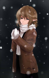  alternate_costume blonde_hair commentary_request female green_eyes highres jacket long_sleeves mittens mizuhashi_parsee neko_zukin pointy_ears scarf smile snowing solo touhou winter_clothes 