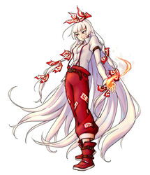  absurdly_long_hair belt blunt_bangs boots buckle commentary_request female fire floating_hair fujiwara_no_mokou full_body hair_ribbon highres juliet_sleeves long_hair long_sleeves looking_away pants parted_lips puffy_sleeves red_eyes red_footwear red_pants ribbon sanada_(tony2035176) simple_background smirk solo standing suspenders touhou tress_ribbon very_long_hair white_background white_hair 