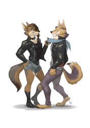  2016 alternative_fashion anthro avoid_posting barefoot boots bottomwear brown_body brown_fur brown_hair brown_nose canid canine canis cheek_tuft claws clothed clothing collar coyote digital_media_(artwork) duo facial_tuft feet female finger_claws footwear fur furrybob green_eyes hair half-closed_eyes hamilton_loree hand_on_hip hi_res inner_ear_fluff jacket leather leather_clothing leather_jacket leather_topwear male mammal narrowed_eyes orange_eyes pants punk sahara_(nicnak044) simple_background smile spiked_collar spikes tan_body tan_fur toe_claws tomboy topwear tuft white_background 