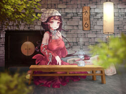  barefoot blurry breasts brown_hair cathayan chinese_commentary commentary_request depth_of_field dress female hourglass large_breasts long_hair looking_at_viewer official_art on_floor original red_dress red_eyes sitting solo table wooden_table 