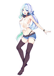  :d aqua_eyes aqua_hair black_thighhighs breasts choker commentary_request female full_body headphones headphones_around_neck khibiki long_hair looking_at_viewer medium_breasts navel open_mouth original photoshop_(medium) short_shorts shorts sideboob simple_background smile solo thighhighs white_background 