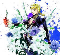  1boy bad_id bad_pixiv_id blonde_hair blue_eyes braid earrings flower giorno_giovanna gladiolus ing0123 jewelry jojo_no_kimyou_na_bouken lily_(flower) long_sleeves looking_at_viewer male_focus outstretched_arm parted_lips solo stud_earrings vento_aureo 