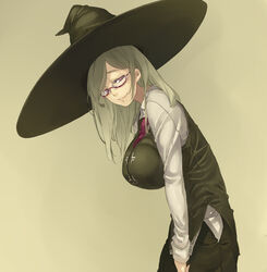  black_skirt breasts commentary_request female glasses gram_(muneneko) grey_hair hat highres huge_breasts impossible_clothes impossible_shirt leaning_forward long_hair long_sleeves looking_at_viewer muneneko necktie original purple_eyes shirt simple_background skirt smile solo standing vest witch witch_hat 