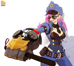  2gold alternate_costume baton_(weapon) belt cigar earrings female hat jewelry league_of_legends nose_piercing officer_vi piercing pink_hair police police_uniform policewoman radio solo sunglasses tattoo uniform vi_(league_of_legends) weapon 