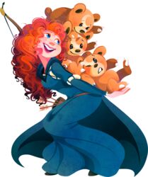  arrow_(projectile) belt blue_eyes bow_(weapon) brave_(pixar) cape carrying commentary_request crossover curly_hair female freckles full_body kuitsuku long_hair merida_(brave) open_mouth pokemon pokemon_(creature) red_hair teddiursa teeth transparent_background weapon 