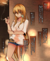  aged_up aoshima bare_shoulders belt blonde_hair blue_shorts breasts cigarette collarbone commentary female gundam gym_ghingnham highres large_breasts lily_white lips long_hair off_shoulder shirt short_shorts shorts smile solo touhou translated turn_a_gundam turn_x very_long_hair yellow_eyes 