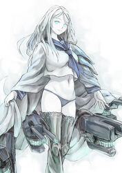  abyssal_ship aqua_eyes armor black_panties boots cape cape_tug colored_skin commentary_request female kantai_collection machinery navel neckerchief no_pants panties pauldrons photoshop_(medium) school_uniform serafuku shoulder_armor shoulder_pads solo ta-class_battleship taruya thigh_boots thighhighs underwear white_hair white_skin 