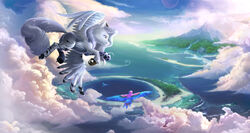  absurd_res ambiguous_gender avian bird blue_body blue_feathers day detailed_background devinian duo equid equine fan_character feathered_wings feathers female feral flying hasbro hi_res hooves mammal my_little_pony mythological_creature mythological_equine mythology outside pegasus smile white_body white_feathers wings 