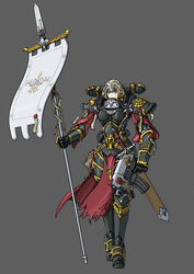  adepta_sororitas armor blonde_hair blue_eyes bolt_pistol book commentary_request fate/grand_order fate_(series) female flag highres jeanne_d&#039;arc_(fate) jeanne_d&#039;arc_(ruler)_(fate) l343558977 photoshop_(medium) polearm power_armor scabbard sheath spear sword warhammer_40k weapon 