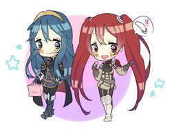  2girls blue_eyes blue_hair chibi fire_emblem fire_emblem:_kakusei lucina multiple_girls nintendo red_eyes red_hair serena_(fire_emblem) smile twintails 