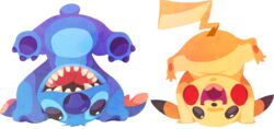  :d commentary_request crossover full_body happy headstand kuitsuku lilo_&amp;_stitch looking_at_viewer no_humans notched_ear open_mouth pikachu pokemon pokemon_(creature) smile stitch_(lilo_&amp;_stitch) teeth transparent_background upside-down 