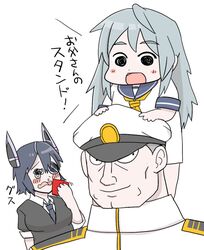  1boy 2girls blush_stickers borrowed_character chibi dress eyepatch gaiko_kujin handkerchief hat headgear kantai_collection matsuda_chiyohiko matsuda_tsubaki multiple_girls parody peaked_cap sailor_dress simple_background tearing_up tenryuu_(kancolle) translated 