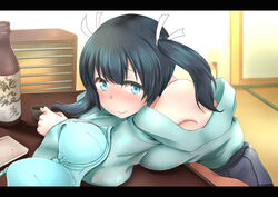  alcohol blue_hair blue_hakama bottle bra breast_rest breasts choko_(cup) commentary_request cup drunk female green_bra green_kimono hair_ribbon hakama hakama_skirt heater interior japanese_clothes kantai_collection kashiwamochi_(kashiwakashiwa) kimono kotatsu large_breasts letterboxed long_sleeves looking_at_viewer pleated_skirt ribbon sake sake_bottle sitting skirt smile souryuu_(kancolle) table twintails underwear unworn_bra 