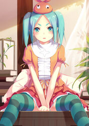  alternate_legwear aqua_eyes aqua_hair bad_id bad_pixiv_id blush book female highres looking_at_viewer monogatari_(series) ononoki_yotsugi photoshop_(medium) plant sitting solo striped_clothes striped_thighhighs sunlight thighhighs tsukimonogatari twintails v_arms yizhirenben 