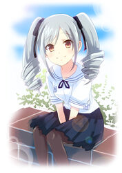  bad_id bad_pixiv_id collarbone drill_hair female grey_hair idolmaster idolmaster_cinderella_girls kanzaki_ranko pantyhose photoshop_(medium) school_uniform short_hair short_sleeves sitting sky smile solo twin_drills twintails ui_(majiwi) yellow_eyes 