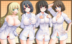  4girls aqua_eyes arm_behind_back arm_behind_head atago_(kancolle) bare_shoulders black_hair black_panties blonde_hair blue_eyes breasts brown_hair choukai_(kancolle) commentary_request dress_shirt glasses hand_on_own_hip kantai_collection large_breasts long_hair looking_at_viewer maya_(kancolle) multiple_girls no_bra no_headwear off_shoulder open_collar open_mouth oyabun_(higashi) panties pink_panties red_eyes red_panties shirt short_hair sleeves_rolled_up smile striped takao_(kancolle) underwear 