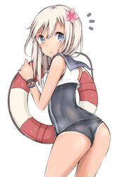  ass bad_id bad_pixiv_id blue_eyes blush commentary_request female flower from_behind hair_flower hair_ornament highres innertube kantai_collection long_hair looking_back mo_(k40633) ro-500_(kancolle) school_swimsuit solo swim_ring swimsuit swimsuit_under_clothes thighs wet white_hair wristband 