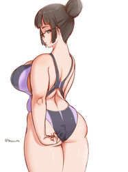  ass bare_shoulders blaccura black_hair breasts commentary_request competition_swimsuit female glasses huge_breasts looking_at_viewer looking_back one-piece_swimsuit original plump short_hair simple_background solo swimsuit thighs twitter_username white_background 