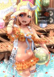  ajapar arm_ribbon ball beachball bikini bikini_skirt blush bridal_garter brown_eyes brown_hair carrying carrying_against_hip carrying_under_arm commentary_request dated dock earrings female flower food frilled_cuffs fruit hair_between_eyes hairband halterneck happy_birthday hat highres holding holding_ball jewelry kunikida_hanamaru long_hair love_live! love_live!_school_idol_festival love_live!_sunshine!! midriff navel open_mouth orange_bikini petals petals_on_liquid plaid plaid_bikini ribbon shading_eyes solo speaker straw_hat swimsuit unworn_hat unworn_headwear wading watermelon white_ribbon wrist_cuffs 