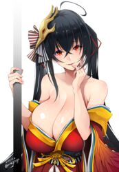  ahoge azur_lane bare_shoulders black_hair blush breasts cleavage collarbone commentary_request crossed_bangs dated eyes_visible_through_hair feathers female finger_to_mouth hair_between_eyes hair_ornament hair_ribbon hand_on_own_face head_tilt highres huge_breasts japanese_clothes kimono long_hair looking_at_viewer mask mask_on_head mine_(wizard) obi off_shoulder open_mouth parted_lips red_eyes red_kimono red_ribbon ribbon sagging_breasts sash sidelocks simple_background skindentation smile solo taihou_(azur_lane) twintails twitter_username upper_body very_long_hair white_background wide_sleeves 