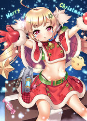  absurdres ahoge azur_lane bird blonde_hair box buttons candy capelet chick christmas commentary_request derivative_work double-breasted eldridge_(azur_lane) eldridge_(holy_night&#039;s_embrace)_(azur_lane) facial_mark female food gift gift_box highres light_brown_hair long_hair looking_at_viewer machinery manjuu_(azur_lane) navel official_alternate_costume oooqqq rainbow_gradient red_eyes sitting torpedo_tubes twintails 