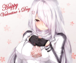  bear_hair_ornament black_gloves blush breast_press breasts chinese_commentary closed_mouth commentary_request eyes_visible_through_hair female gift gift_bag girls&#039;_frontline gloves hair_ornament hair_over_one_eye hairclip happy_valentine heart heart_print holding holding_gift jacket large_breasts long_hair looking_at_viewer pk_(girls&#039;_frontline) red_eyes scarf sidelocks smile solo valentine very_long_hair white_hair white_scarf zuo_wei_er 