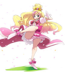  4040_(abonriya) bow commentary_request cure_flora female gloves go!_princess_precure gradient_hair green_eyes haruno_haruka highres long_hair magical_girl multicolored_hair open_mouth petals pink_bow pink_hair precure solo two-tone_hair waist_bow white_gloves 